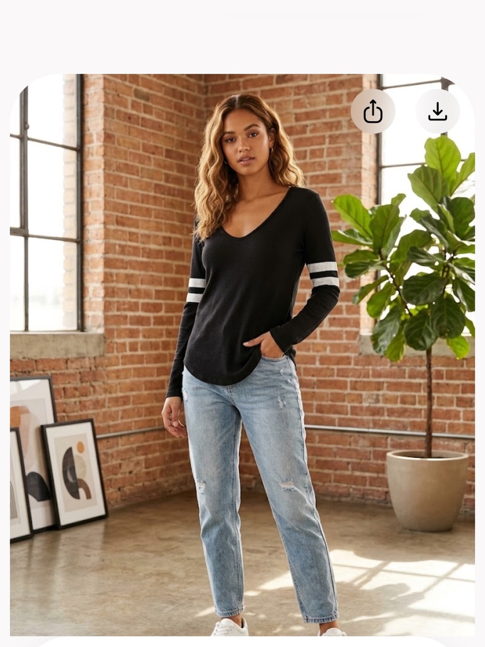 Boohoo Black V-Neck Long Sleeve Top with White Sleeve Stripes